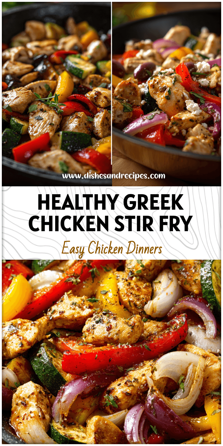 Colorful Greek chicken and vegetable stir fry in a skillet, showcasing a healthy Mediterranean dinner.